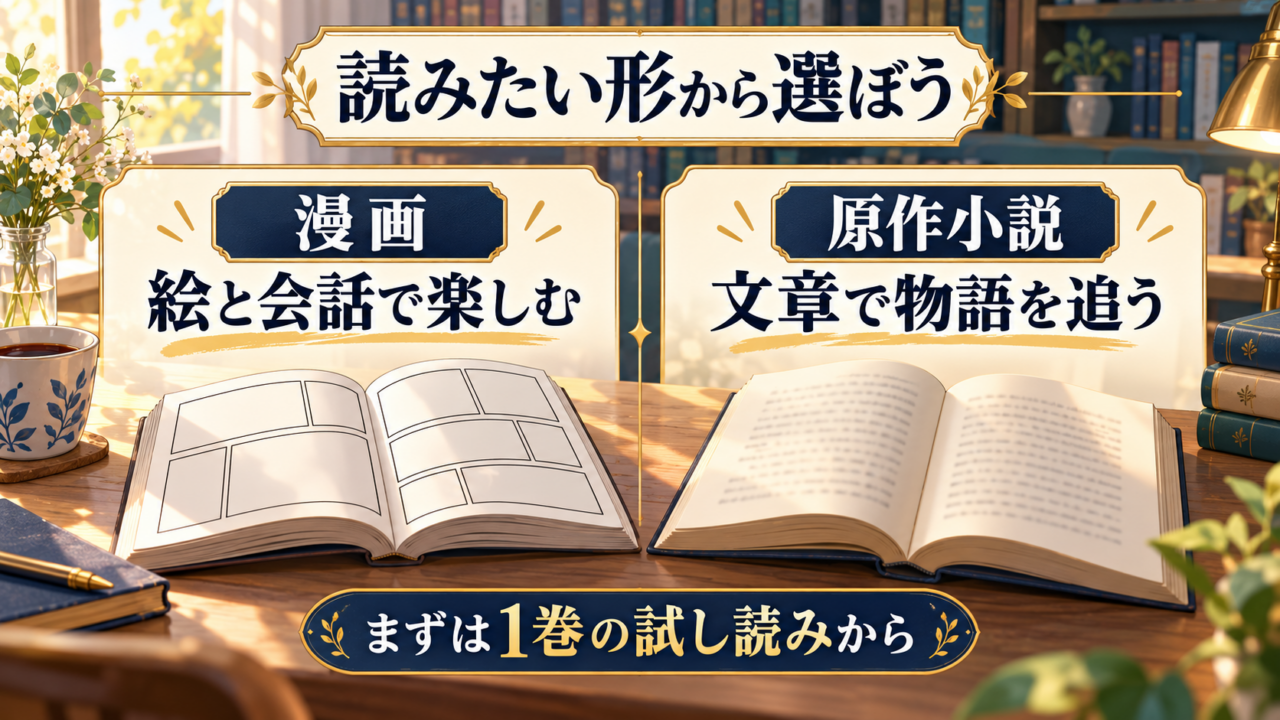 絵と会話で楽しむ漫画と、文章で物語を追う原作小説。まずは1巻の試し読みから選ぶ
