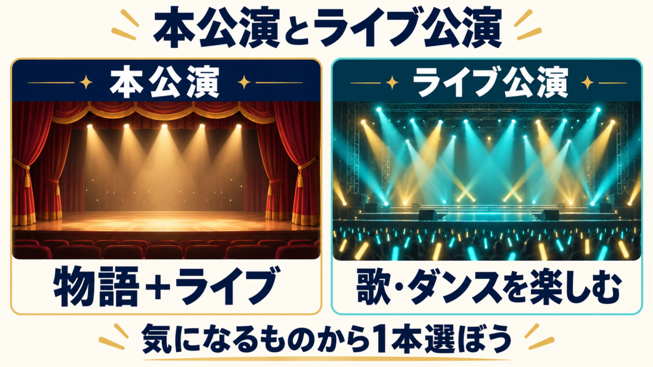物語とライブを楽しむ本公演と、歌やダンスを楽しむライブ公演の違い